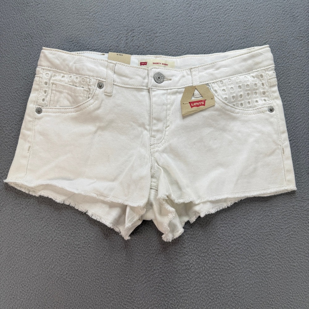 Levi's Shorty Short Denim Shorts Womens 16 White Ramie Cotton Eyelet Cutoff NWT